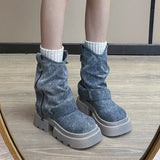 Sohiwoo Chunky Women Blue Denim Short Boots Fashion Slip On Ankle Booties Autumn Winter Female Platform Heel Shoes