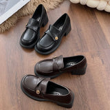 Sohiwoo Fashion British Style Girls Lolita JK Shoes Female Students PU Leather Mid Heels Badge Buckle School Loafers Shallow Shoes