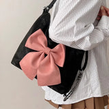 Sohiwoo Pink Bow Womens Shoulder Bag Korean Style Fashion Large Capacity Sweet Backpack Cute Exquisite Elegant New Female Tote Bag