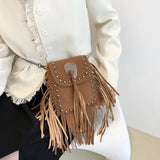 Sohiwoo Ladies Skull Pattern Cell Phone Crossbody Purse Women Fashion Fringe Taseel Suede Shoulder Bag Vintage Rivet Side Bag For Girls