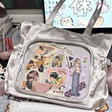 Sohiwoo Japanese Style Ita Bag Large Capacity Square Silk Handbag Kawaii Ribbon Wrinkled Edge Design Shoulder Bag For Girl