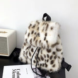 Sohiwoo New Luxury Designer Women Girls Fashion Leopard Faux Fur Backpack Ladies Small Cheetah Soft Fluffy Plush Backpack Bag