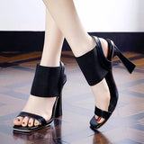 Sohiwoo Knitted High Heels Sandals Women Summer Square Toe Thick Heeled Sandals Woman Sexy Slingbacks Black Party Shoes