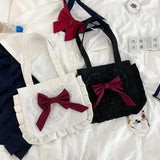 Sohiwoo Japanese Harajuku Student Tote Bags Canvas Cute Sweet Pleated Lace Bow Tie Girl Shoulder Bags Jk Lolita Little Fresh Handbags