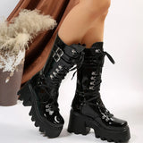 Sohiwoo New Punk Motorcycle Boots Women Patent Leather Wedges Platform Mid Calf Boots Woman Lace-Up Chunky Heel Gothic Botas Mujer