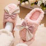 Sohiwoo Cute Big Bowtie Home Cotton Slippers Women Winter Soft Thick Bottom Indoor Slippers Woman Non-Slip Flat Heels House Shoes