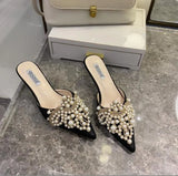 Sohiwoo Pointed-toe Rhinestone Pearl Stiletto High-heeled Half-slipper Women's Fashion Muller Shoes Luxury Sandals Wedding Dress Shoes