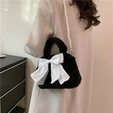 Sohiwoo Sweet Bow Women's Faux Fur Shoulder Bags Fashion Pearl Chain Ladies Plush Crossbody Bag Simple Female Fluffy Purse Handbags