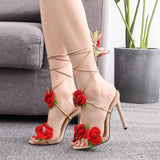 Sohiwoo 2024 New Satin Rose High Heel Cross Straps Round Head Fine Heel Super High Heel Large Size Strappy Women's Sandals Wedding Shoes