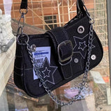 Sohiwoo Y2k Fashion Women's Handbags Stars Pattern Cool Girl Underarm Bag Vintage Canvas Female Shoulder Bag Chain Crossbody Tote Purses