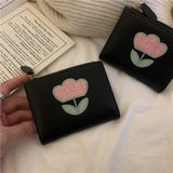 Sohiwoo Korean Fashion Womens Wallet Flower Tulips Embroidery Elegant Leather Cute Coin Purse Casual Gentle Female Aesthetic Bag