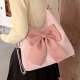 Sohiwoo Pink Bow Womens Shoulder Bag Korean Style Fashion Large Capacity Sweet Backpack Cute Exquisite Elegant New Female Tote Bag