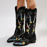 Sohiwoo Embroidered Mid Calf Western Boots for Women Autumn Slip On Pointed Toe Cowgirl Boots Plus Size 43 High Heels Woman Shoes