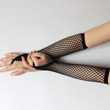 Sohiwoo Black New Women Long Fishnet Gloves Summer Mesh Hollow Sunscreen Gloves Girl Gothic Punk Rock Driving Non-Slip Arm Sleeve