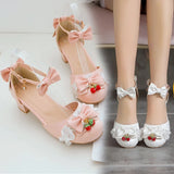 Sohiwoo Lolita Shoes Bow Student Sweet Round Head Thick Heels Large Fairy Sandals Cos Loli Tea Party Girl Shoes