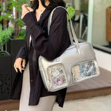 Sohiwoo Silvery Handbags for Women Lolita Fashion Versatile Large Capacity Itabag Casual Pu Leather Underarm Shoulder Bag