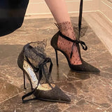 Sohiwoo Breathable lace mesh high heels for women's 2024 new summer internet celebrity sandals pointed toe thin heel mesh Roman sandals