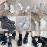 Sohiwoo Chunky Platform Ankle Boots Women Pu Leather Square Heels Combat Boots Woman Lace Up White Black Short Booties Female