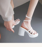 Sohiwoo New Summer Thin Strap Buckle Leisure Solid Color Ultra-light  Heels Comfortable  Versatile Sandals Slim And Tall