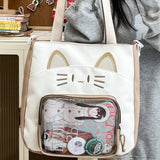 Sohiwoo Cute Shoulder Bag for Women Cat Kawaii Large Capacity Casual Ita Bag Embroidery College Style Lolta Transparent Handbag