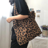 Sohiwoo Corduroy Leopard Shoulder Bag Casual Shopping Bag Large Capacity Handbags Eco Tote Bag Women Ladies Leopard Print Underarm Bags