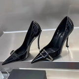 Sohiwoo Lacquer leather black slim heel high heels, 2024 new metal heel pointed toe fashion versatile banquet shoes