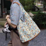 Sohiwoo Retro Flower Bucket Bag Large Capacity Mummy Bag Cute Lunch Bag Canvas Handbag Korean Style Women Shoulder Bag Tote Bag