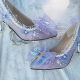 Sohiwoo Court Retro Style Sweet Lolita Cosplay Flower Wedding Elegant Tea Party Girl Bow Pearl Lace 6cm Purple Dream High Heeled Shoes