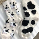 Sohiwoo 2Pairs Lovely Cow Pattern Fuzzy Crew Socks Milk Spotted Plush Thickened Soft Cute Comfortable Mid Tube Socks Warm Autumn Winter