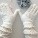 Sohiwoo Cute Rhinestone Bunny Gloves Sweet Knitted Winter Warm Thickened Kawaii Lolita Fullfinger Gloves Women Mittens JK Accessories