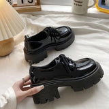Sohiwoo Autumn Women Black Platform Basic Mary Jane Shoes Flats Clogs Prepppy Style Leather Shoes British Style Lace Up Pumps Shoes