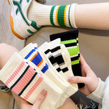 Sohiwoo Harajuku Striped Socks for Woman Men Street Hip Hop Skateboard Breathable Fashion Mid Tube Couple Sports Socks Random Color 2PCS