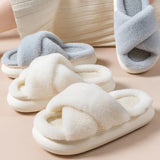 Sohiwoo Winter Cross Fluffy Fur Slippers Casual Female Flip Flops Fluffy Shoes Home Platform Indoor Soft Flat Women Warm Plush Slippers