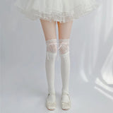 Sohiwoo Thigh High Socks Knit Lace Bowknot Autumn and Winter Thick Leg Warmers Stockings White Black Lolita Cute Over the Knee Socks