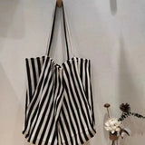 Sohiwoo Korean Striped Double-sided Canvas Bag 2024 Summer New Niche Design Large Capacity Student Tote Bags