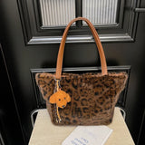 Sohiwoo Leopard Print Large Capacity Zipper Shoulder Bag 2025 High Quality Trendy Fashionable Tote Bag Soft Simple Commuting Handbag