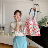 Sohiwoo Portable Fashion Women Canvas Shoulder Bag Large Capacity Floral Printed Shopping Bags Cotton Casual Tote Bag Reusable Cloth Bag