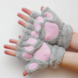 Sohiwoo 1Pair Girl Lovely Bear Plush Cat Paw Claw Gloves Winter Faux Fur Kitten Fingerless Mittens for Women Christmas Halloween Gloves