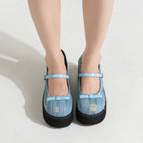 Sohiwoo New Round Toe Denim Blue Thick-soled High Heels Shoes All-match Non-Slip Mary Jane Shoes Platform High Heels Thick Bottom Shoes