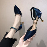 Sohiwoo Sandals for Women Blue Ladies Shoes Stiletto Summer 2024 Party Weddings Footwear Pointed Toe Closed Thin Heels on Offer H Luxury