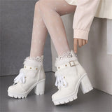 Sohiwoo Japanese Winter Warm Cosplay Sweet Girls Shoes Lolita Lace Fluffy Lacing Strap Round Head Zipper 9cm Elegant High Top Boots