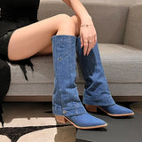 Sohiwoo Western Cowboy Blue Denim Metal Decorations Pointed Toe Women Knee High Boots Square Heels Splicing Slip on Retro Ladies Shoes