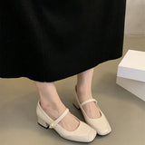 Sohiwoo 2024 Spring Women Leather Pumps Shoes Fashion Square Toe Shallow Mary Jane Shoes Ladies Elegant Thick Heel Single Shoes