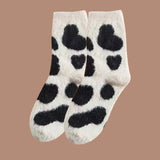 Sohiwoo 2Pairs Lovely Cow Pattern Fuzzy Crew Socks Milk Spotted Plush Thickened Soft Cute Comfortable Mid Tube Socks Warm Autumn Winter