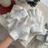 Sohiwoo Women's Autumn Winter Gloves Star Touch Screen Fluffy Lady Cute Plus Fleece Thick Split Finger Gloves Fashion Funny Solid Color