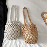Sohiwoo Ladies Vintage Bohemian Macrame Bucket Purse Women Small Hollow Out Handbag Natural Cotton Rope Crochet Clutch Bag