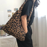 Sohiwoo Corduroy Leopard Shoulder Bag Casual Shopping Bag Large Capacity Handbags Eco Tote Bag Women Ladies Leopard Print Underarm Bags