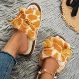 Sohiwoo Winter Women Cute Home Plush Slippers Cartoon Giraffes Warm Faux Fur Lining Fluffy Cozy Flat Non Slip Sole Ladies Shoes