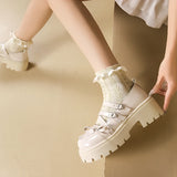 Sohiwoo Sweet Bowknot Mary Janes Shoes Women Cross Strap Platform Pumps Woman Heart Buckle Patent Leather Lolita Shoes