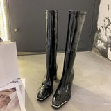 Sohiwoo Ladies Boots Long Footwear Winter Knee High Shaft Shoes for Women Very Heel Square Toe Platform Trend 2024 Waterproof Y2k Pu New